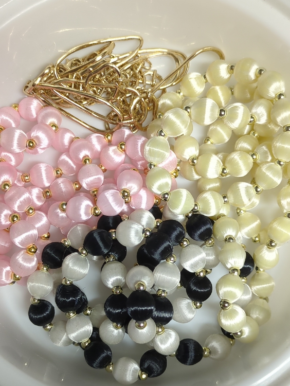 🎂Q13 Elegant Necklaces - Pink, Cream, Black & White Satin Beads and Goldtone